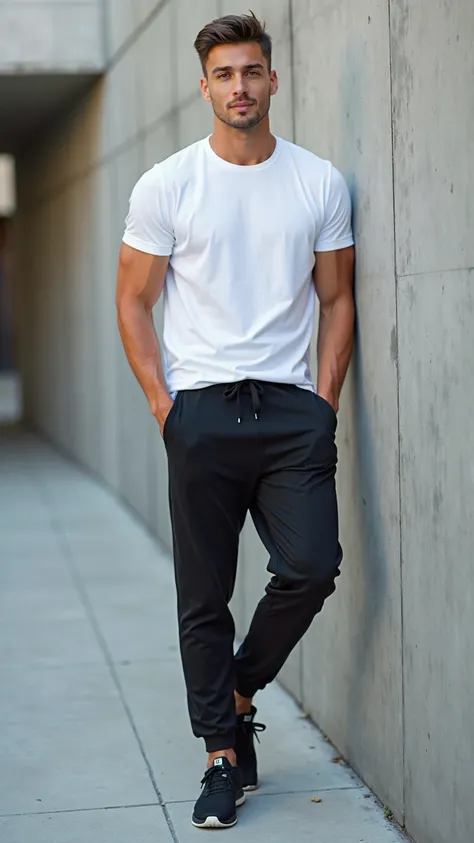 **"A high-quality, full-body digital image of a stylish athletic man standing in a modern urban environment. The man has a fit and toned physique, light skin, and a confident expression. He is wearing a crisp white T-shirt with a classic round neckline and...