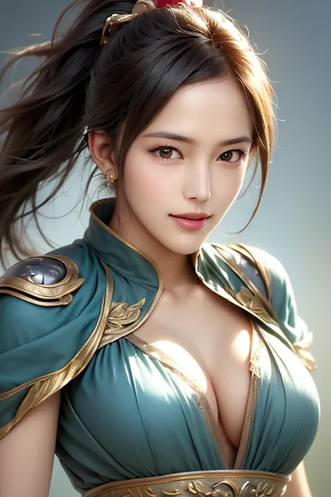 The upper body of a female warrior wearing golden armor and cloak, 1 person,  cute ponytail  ,20 years old, (((Real Face))), slightly larger breasts and cleavage,  reveal cleavage,Scary face,  very fine facial and skin textures , staring at the camera,   C...