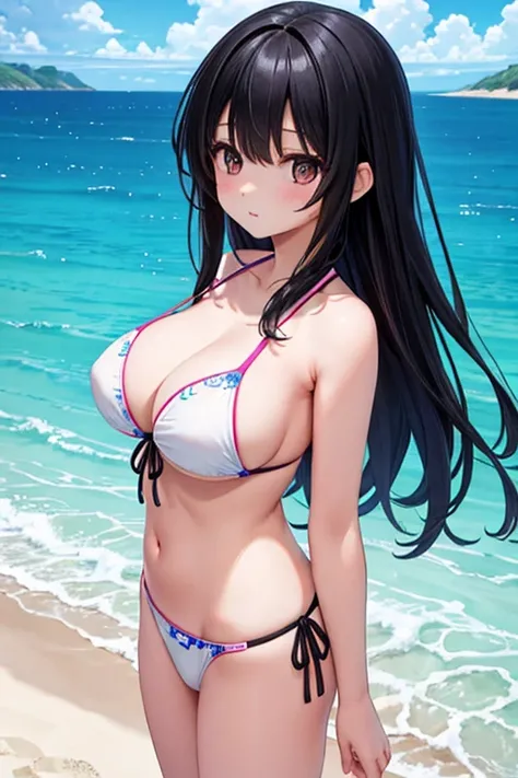 masterpiece、 Background and （（Sea side、 sandy beach））、15-year-old student、a beauty girl、Detailed embroidery on the bikini top、、 black hair long hair,big breasts、