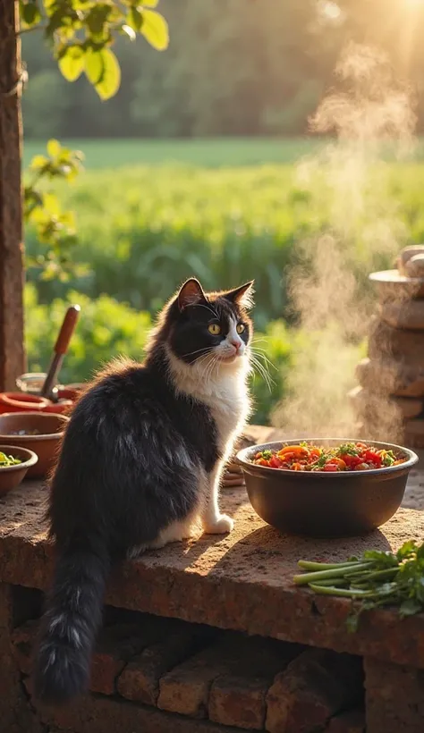 The fluffy black and white tabby cat with a human-like posture steps back slightly, watching the dish simmer. Steam rises as the flavors meld together. The outdoor kitchen is bathed in golden afternoon light. The background features lush green vegetable fi...