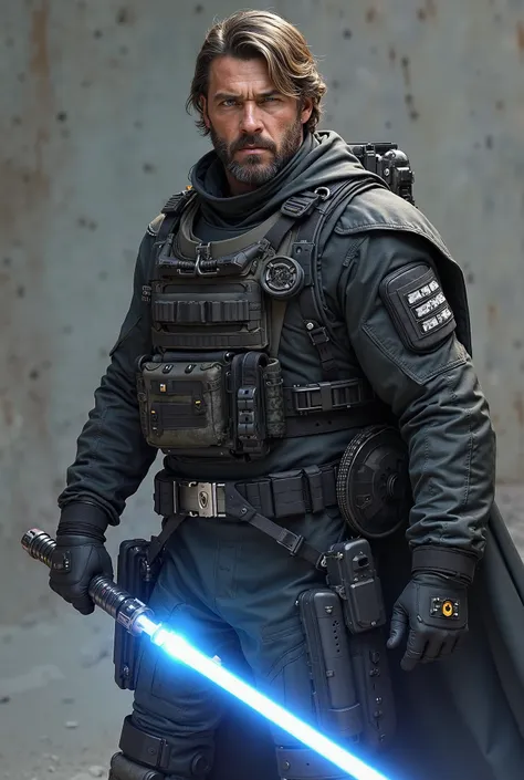 navy seals chevalier jedi en tenue militaire , cheveux mi long chatin clair barbe yeux bleux, ceinture tactique avec holster , sabre laser bleu , porte plaque léger