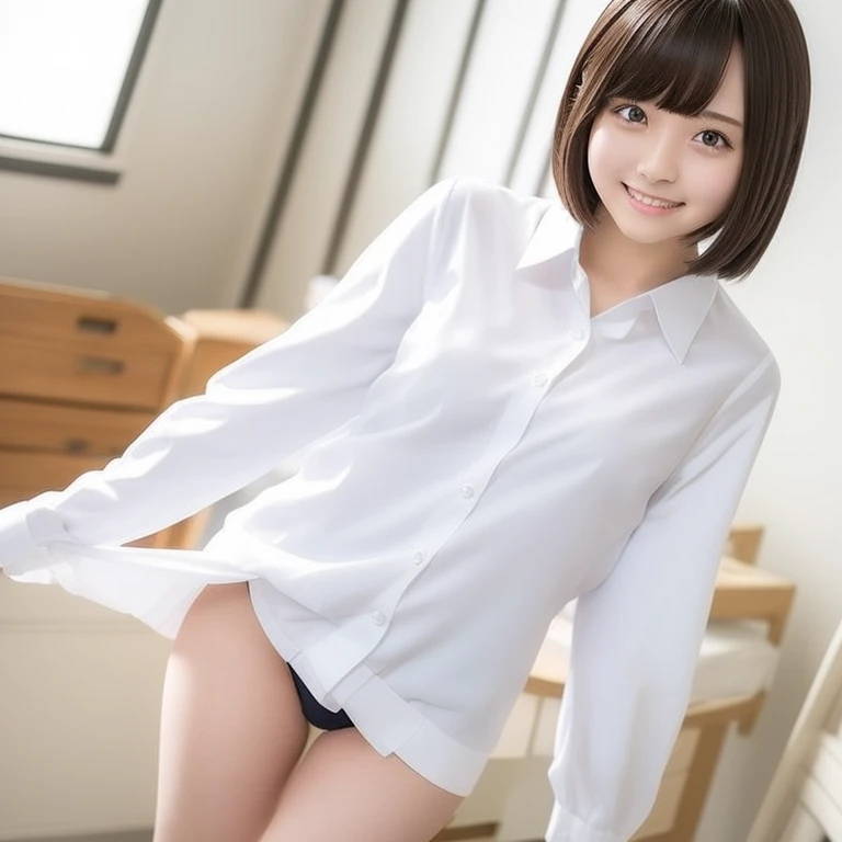  16k、high resolution、exhaustive、One junior high school student、  cute uniform 、 She rolled up her miniskirt and showed off her pants、all her uniform shirts have been unbuttoned、    small breastsの谷間が見える  、  small breasts、 beautiful breasts、I'm wearing white...