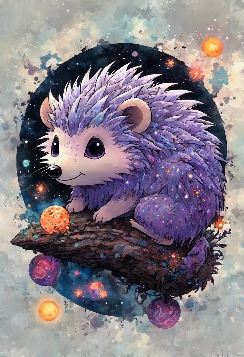 CreepyCuteMagical, A fluffy, purple hedgehog with spikes that resemble miniature galaxies. wear casual style. The creature emits a faint, silvery light as it sniffs at a patch of glowing, alien flowers in a vivid dreamscape. The sky above is filled with tw...