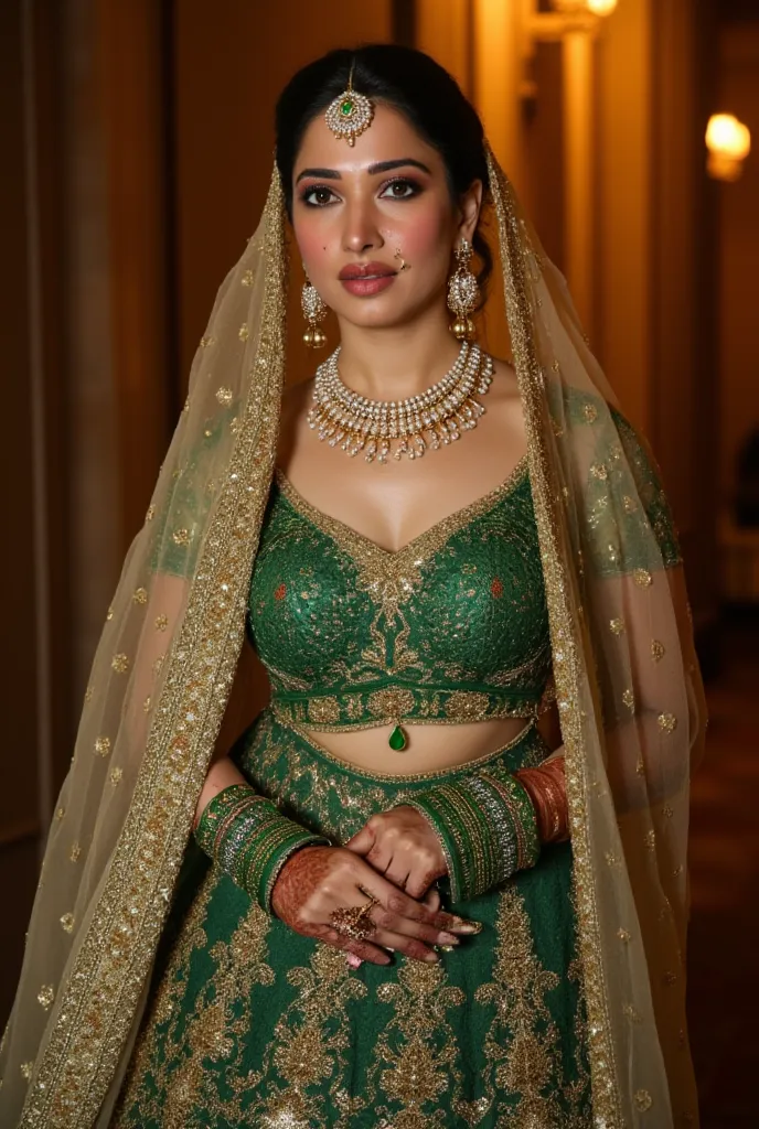 (masterpiece, best quality:1.2), She wears a mehendi green lehenga, the gold zari work catching the firelight as she walks. Her sheer gold veil barely covers her sculpted waistline, leaving her perfect navel and toned stomach on full display. A grand multi...