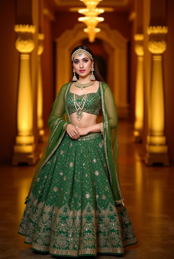 (masterpiece, best quality:1.2), She wears a mehendi green lehenga, the gold zari work catching the firelight as she walks. Her sheer gold veil barely covers her sculpted waistline, leaving her perfect navel and toned stomach on full display. A grand multi...