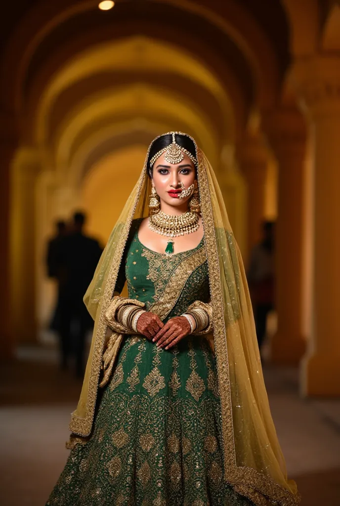 (masterpiece, best quality:1.2), She wears a mehendi green lehenga, the gold zari work catching the firelight as she walks. Her sheer gold veil barely covers her sculpted waistline, leaving her perfect navel and toned stomach on full display. A grand multi...