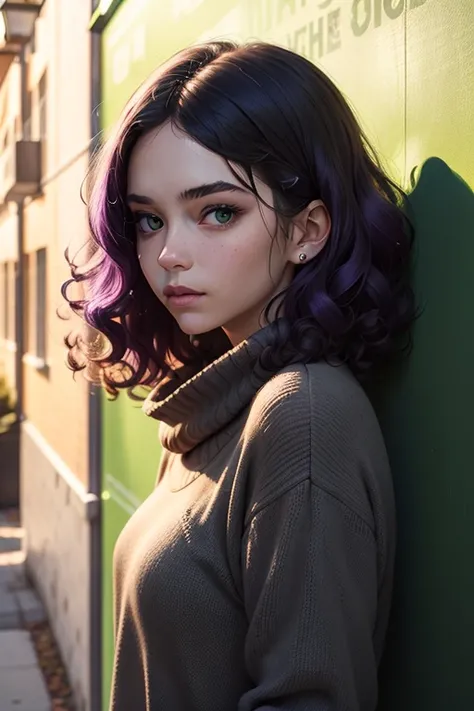 A girl with pale skin, dark curly purple hair, a lip piercing, green eyes. Wearing a dark sweater. Against the backdrop of a campus.