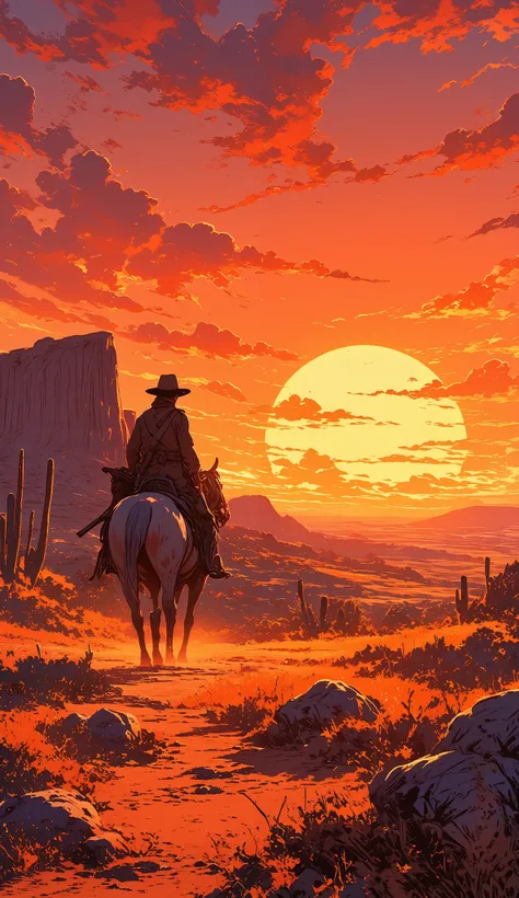 A lone cowboy on horseback rides through the vast desert at sunset. The sky is painted in intense shades of orange and red, with a massive glowing sun casting dramatic shadows. The cowboy wears a classic wide-brimmed hat, a long trench coat, and carries a ...
