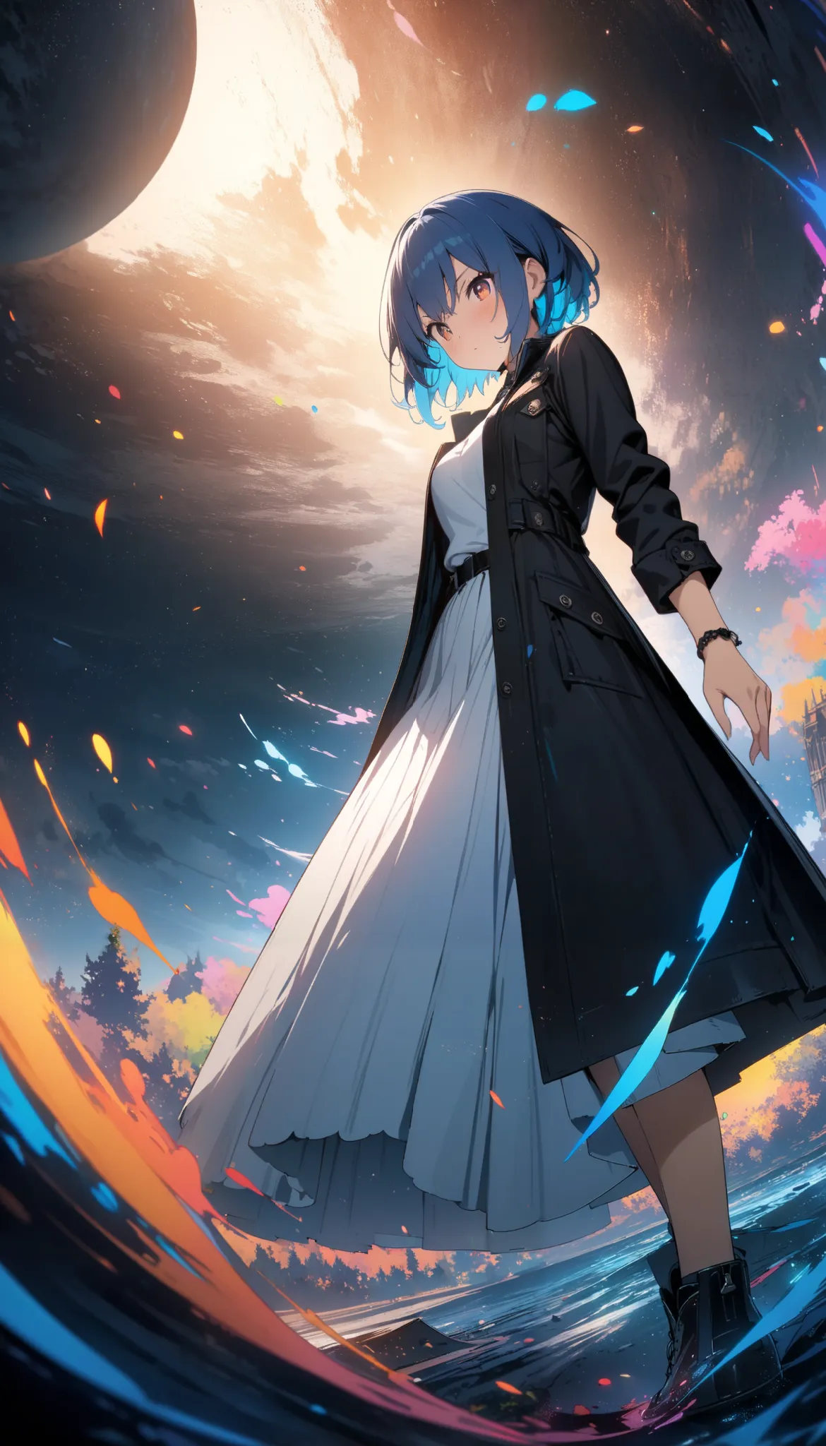 (masterpiece, TOP QUALITY, Official Art:1.2), (colorful), perfect anatomy,one girl, front view。short hair。Blue hair color。Late Night。  Compa。moon。  Ultra Precise Illustration ,  detailed , dynamic angles,  Beautiful details in, 8k,, (high resolution), anim...