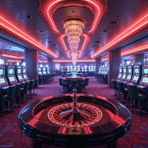 expensive casino background in neon tones with slot machines and beautiful neon lighting and a roulette table