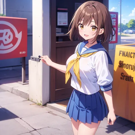  score_9,  score_8_up,  score_7_up, Interrupt Source_anime,  masterpiece, anime screencap,  shiny skin that is creating,
1 girl, chouhi ekitoku,  short hair, brown hair, brown eyes,  big breasts,   serafuku, white shirt,  yellow neckerchief, pleated skirts...