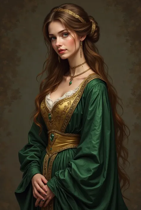 Chat, generate the image inspired by the Renaissance style of a woman 50 of short stature and, she has long brown hair under a golden velvet band, fastened with gold threads in elegant bun, her eyes are emerald green. She wears a long, loose dress, with ne...