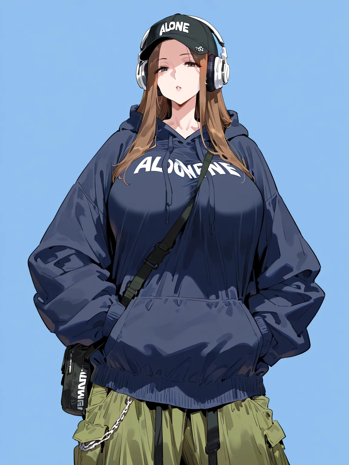 park, 1mature woman, Alone, large breasts,  long hair , straight hair,  brown hair, Oversized hoodie, Upside down snapback cap, Thick chains, Loose fit cargo pants, Waist bag crossed, Large headphones