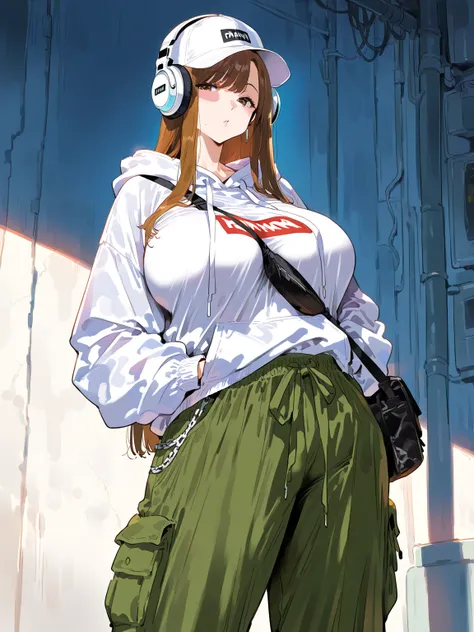 park, 1mature woman, Solo, large breasts, long hair , straight hair, brown hair, Oversized hoodie, white snapback cap, Thick chains, Loose fit cargo pants, Waist bag crossed over the chest, Large headphones
