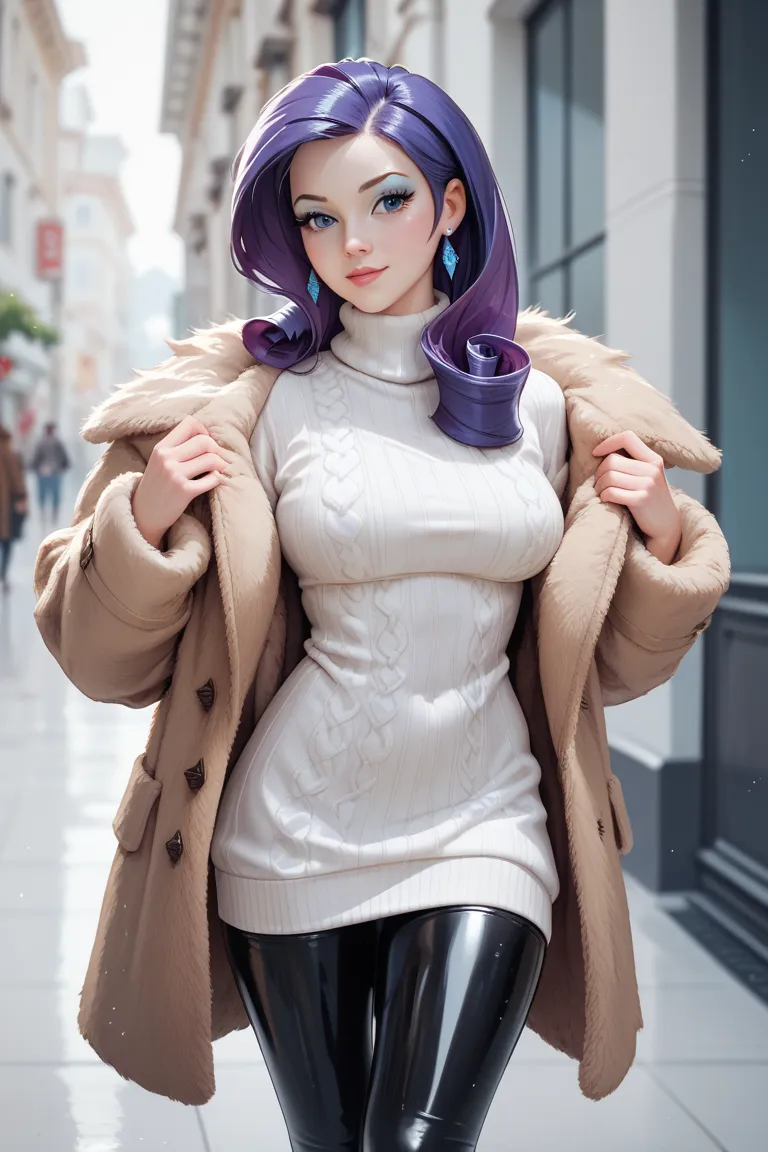 Rarity , human form , brown fur coat , white sweater , black latex leggings shiny , 
