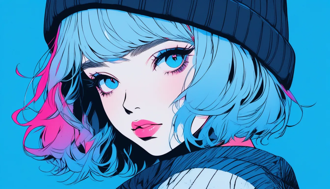 (TOP QUALITY,  sketch:1.2),realistic, illustrator ,anime,1 girl, detailed lips, sweater ,custom, Blue Gradient Background ,Neon Hair,texture cropping,Canada,  masterpiece,   style retro classic , Noir Dark 