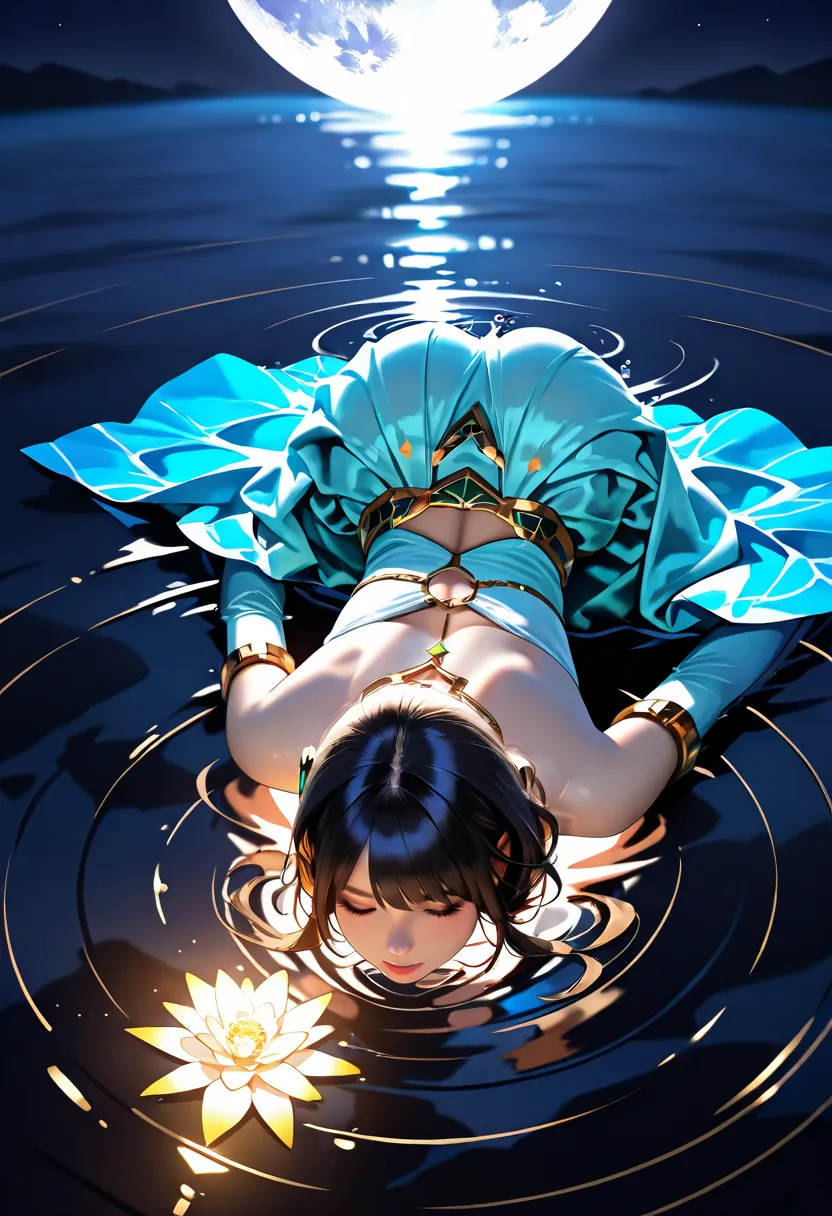  Masterpiece, (highest quality, create a high resolution,4K, 8k),(realistic, photorealistic: 1.5), (a woman diving into water from above), water goddess, goddess dress,full moon background, sound of water, top-down angle, ripples on water surface, water sp...