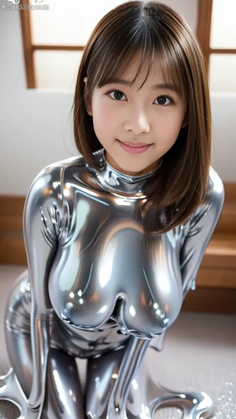 ((Masterpiece,  top quality, extremely delicate ,  perfect face,  detailed eyes,16k,   High Definition  ,realistic photo,young japanese girl,  raw photo,Very cute silver slime girl:1.2 ,very beautiful girl)),((body of high viscosity silver slime :4.0  , th...