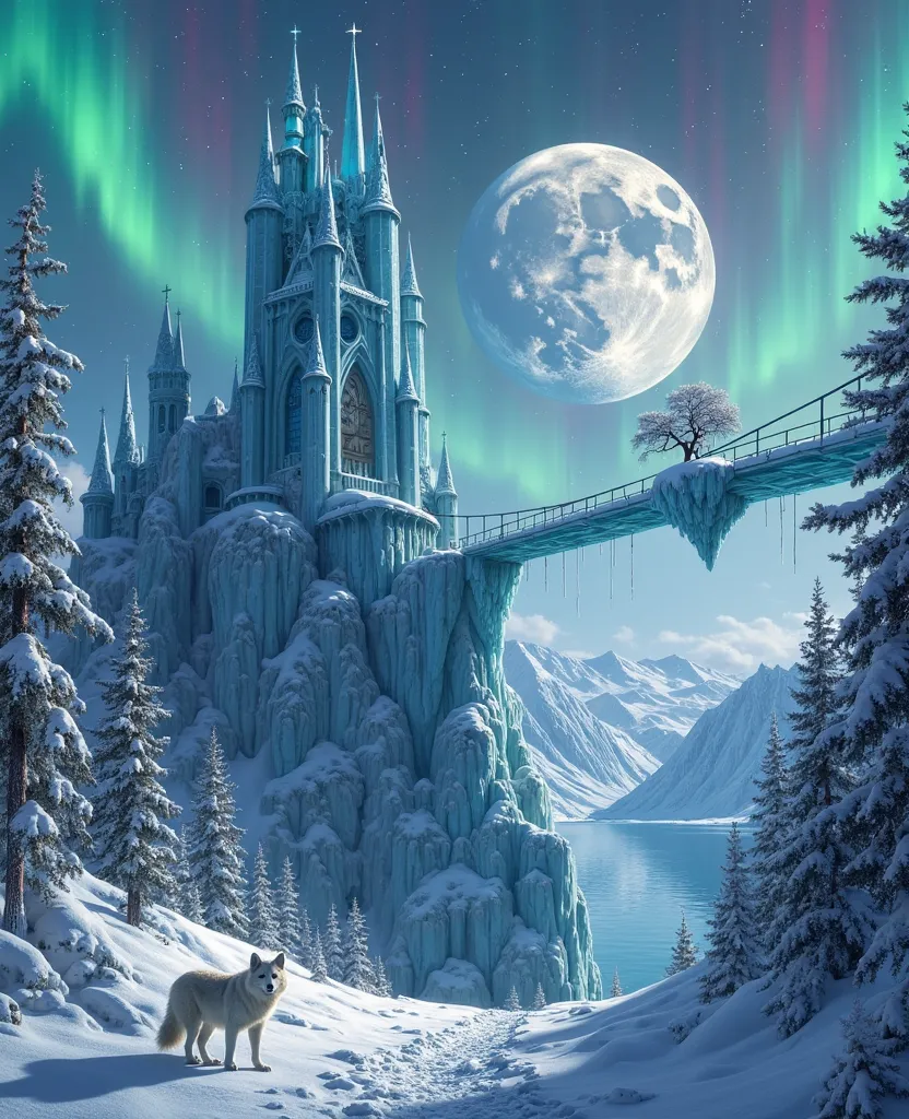 "A winter landscape featuring a towering Gothic castle built on a glistening glacier. The castle's walls are made of translucent blue ice, reflecting the vibrant colors of an aurora borealis dancing across the night sky. All around, white wolves walk silen...