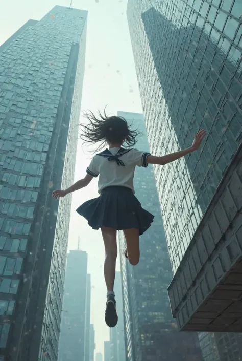 A girl dressed as a school girl falls off the edge of a company and the director runs to save her 