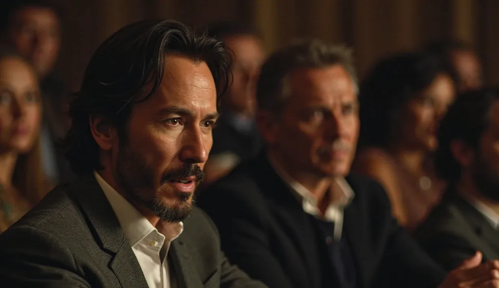 Keanu Reeves sitting up straighter, speaking sincerely, while Richard Langston’s smile begins to fade slightly. The audience is now watching in silent anticipation.