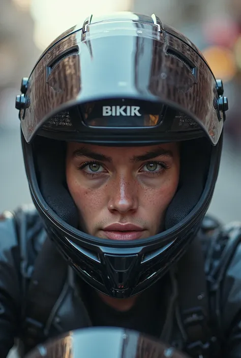 Biker with a modern bike helmet with his visor up