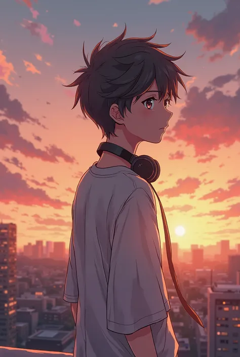 Create a The sky is painted in hues of orange and pink. A age boy, RYUU, stands on the edge of a rooftop, wearing a loose shirt and headphones around his neck. He gazes into the distance, his eyes filled with longing. The soft breeze lifts his hair.)

