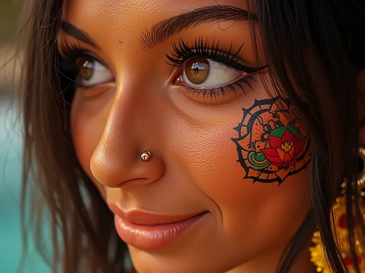 A hyper-realistic, extreme close-up portrait of a beautiful and unique Indian female character. She has beautiful eyes filled with joy and excitement, adorned with extravagant eyelashes, making this image a masterpiece of photography and digital art. Style...