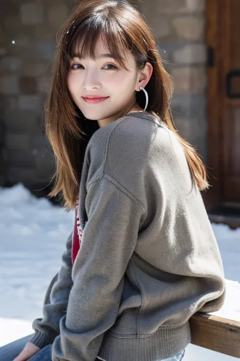 best quality,  masterpiece, Ultra High Definition,(photorealistic:1.4), ( RAW photo:1.2), ( sit on a chair:1.2), (Detailed butt:1.1),  looking at a ,half_smile,  detailed snow, (looking at the viewer:1.2), (gray casual clothes), ( casual pants with bangs b...