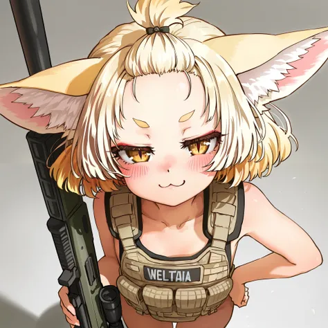 by jikuno, by melaton, 1girl, fennec girl, beige hair, short hair, fox girl, golden eyes, slit pupils, animal ears, animal ear fluff, bangs pinned back, fluffy hair, eyelashes, round eyebrows, loli, flat chest, tactical clothes, militar operator, bulletpro...