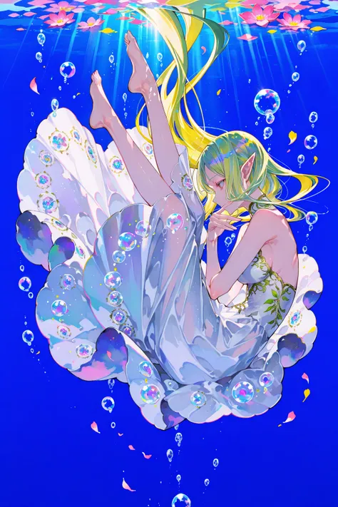 1girl, solo, elf, 748cmstyle, fantasy art, surreal, dive into the water, fluttering long hair, beautiful fluffy long dress with intricate and detailed embroidery, barefoot, bend body and legs up, BREAK, bubbles splash, large amount of bubbles, from side vi...