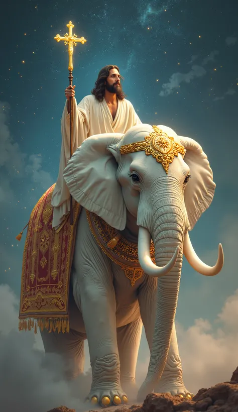 A majestic Jesus sits on a large epic white elephant decorated with glowing golden Christian symbols.  It is night and the stars are twinkling 