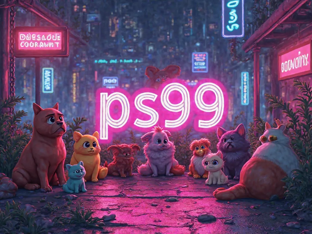 " ps99 and pets go community"written at thr center with SQUARE cartoony pets in the back ground and tons of neon bright lights and "discord community written" at the BOTTOM and "roblox" written at the TOP