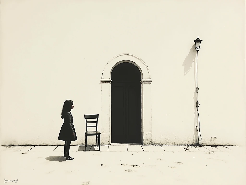 monochrome　white&black　chair silhouette　White Door　black door　Background white　A white scene on one side　Sepia　 sepia color 　 Fantastic　space　 pure white　small black door　Lots of doors 　shadow　Just SHADOW　Girl silhouette　  Giorgio De Chirico 　 small silhou...