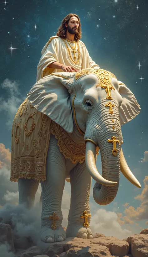 A majestic Jesus sits on a large epic white elephant decorated with glowing golden Christian symbols.  It is night and the stars are twinkling 