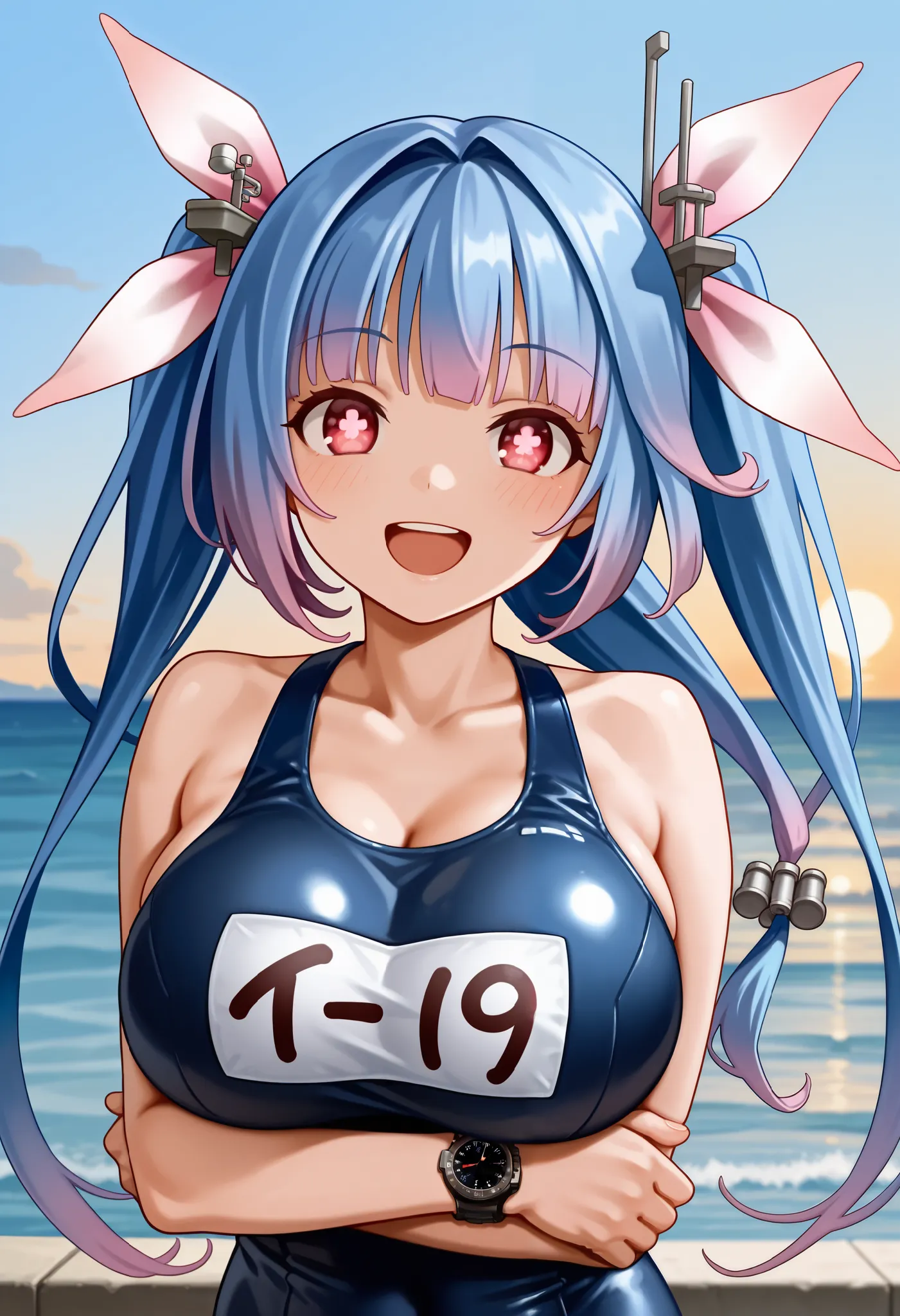 i-19 - Kantai Collection score_9,  score_7_up, high resolution, (ultra high resolution quality details),  source_anime,  ocean , outdoor,
Alone, 1 girl, your heart , gradation hair, Tritails , twin tails,  long hair, hair ornaments close to the garden,  ha...