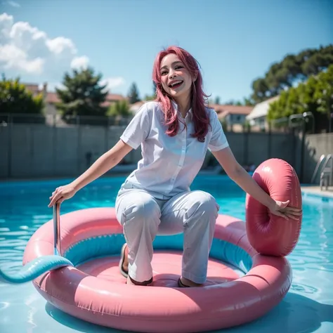 Coral pink hair，long hair，hair over one eye，  gray eye  ，fur hair ornament，cute  ，maiden，laughing expression，，Happy and joyful expression， white shirt， trousers ，Sit or stand on a swimming float， full body ，Don't show your arms，The background is a swimming...