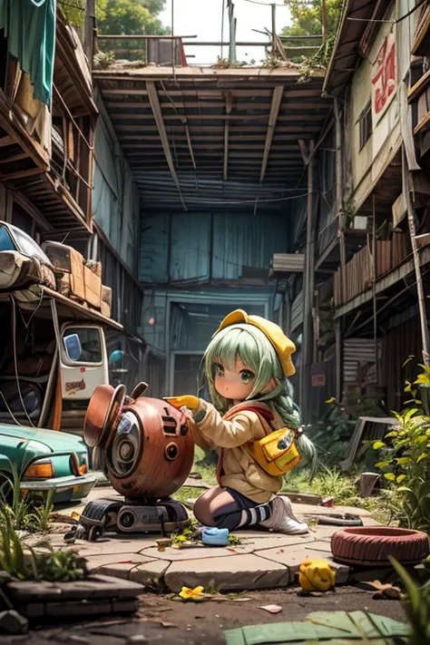 A captivating A post-apocalyptic scene ofa chibi anime scene featuring a girl with dreadlocks and large green eyes, wearing a cozy tiger-faced
hoodie and striped socks. She stands proudly in a
dreamy, nostalgic scrapyard, surrounded by an
array of colorful...