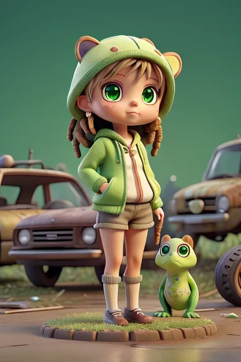 A captivating A post-apocalyptic scene ofa chibi anime scene featuring a girl with dreadlocks and large green eyes, wearing a cozy tiger-faced
hoodie and striped socks. She stands proudly in a
dreamy, nostalgic scrapyard, surrounded by an
array of colorful...