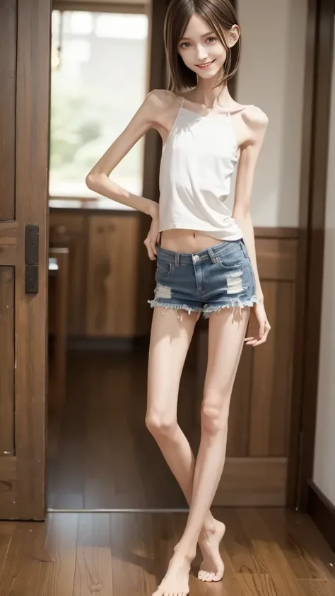 thinspo, too skinny arms, too skinny, waist, too skinny thigh, smiling face , barefoot girl, 