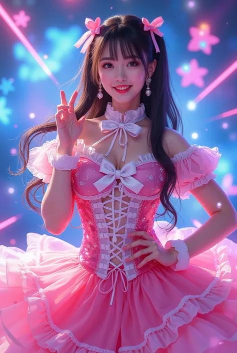 Create a highly detailed, realistic image of a young woman with long, 1girl, dark hair styled with two small pink bows on either side. She is wearing a vibrant and transparent shinning glossy pink short dress that has a layered, frilly design with white ru...