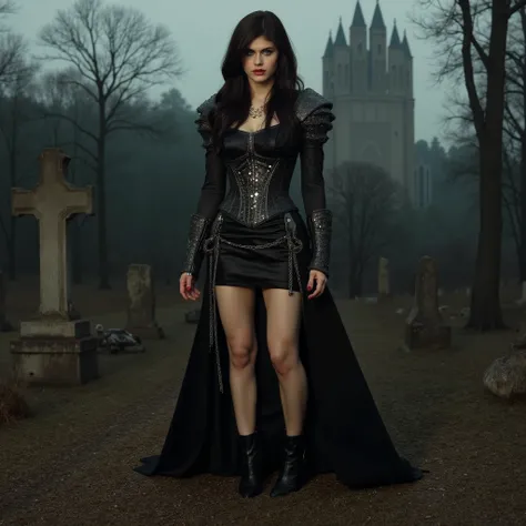 Picture of one woman, Alexandra Daddario is a brunette with black hair in two poses, stands exactly at the full length of the image, 1 pose front view looks straight, 2 back view looks sideways, she's a dark gothic knight necromancer, in a black satin mini...
