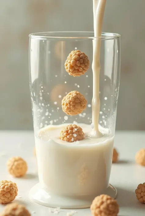 Dry soybeans in a puddle of milk in an overflowing glass 