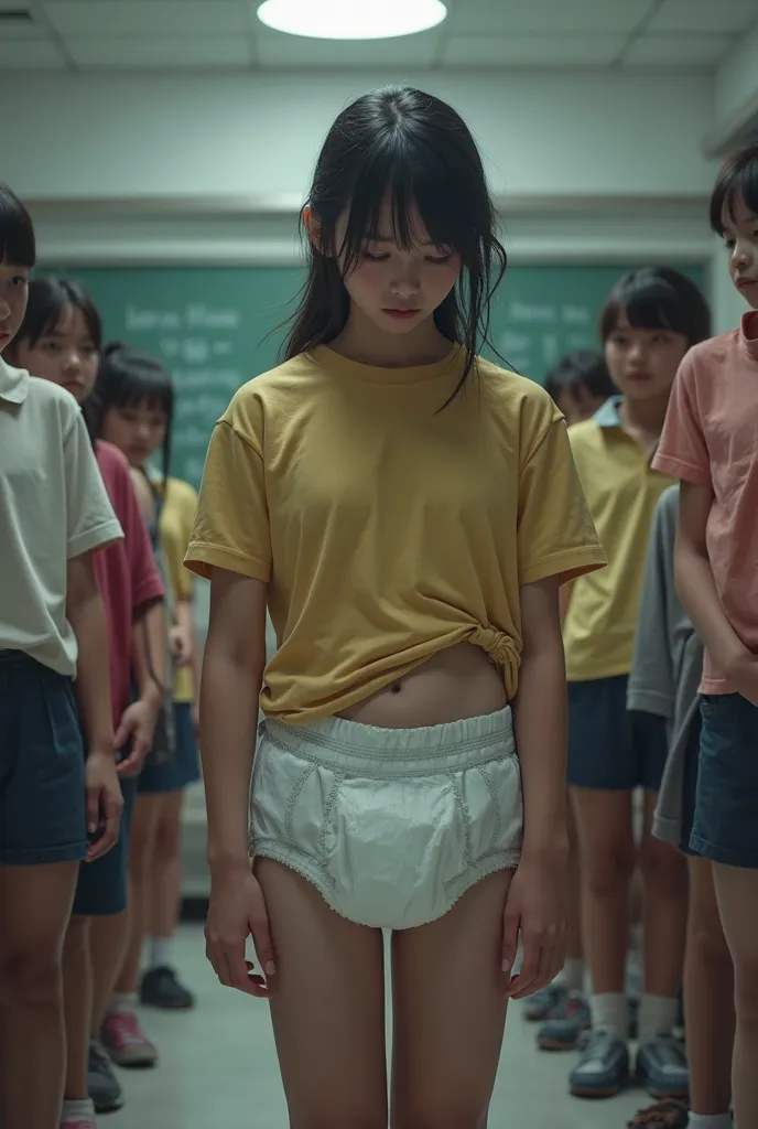 Realistic embarassed and humiliated girl forced by mother to wear a plastic adult diaper in front of schoolmates