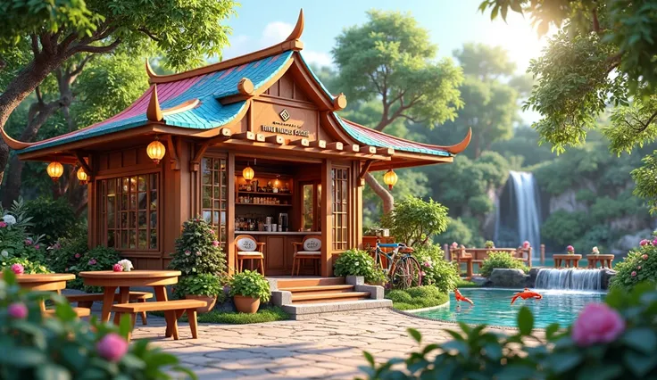 The vibrant garden cafe branded "Trung Nguyen Legend", features an outdoor fish pond with a cascading waterfall and sparkling rainbow-colored water. A charming little wooden house with a bar with a full range of professional coffee machines, cups and tools...