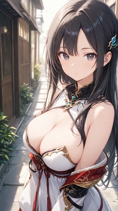 masterpiece,large breasts, long hair, (black hair) , bangs, （1girl1.5）, 青リボンhair ornament、（ 1.5）, 18 years old、breast focus、looking at viewer, outside,Dulleness-,