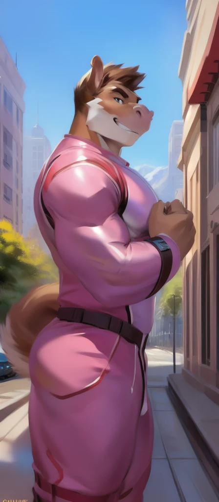   alone  , Male​ tall​., huge body,​standing, street , hippo ​ squirrel , ​ heavy  เกินพิกัด,   muscle bound , pink Military Spacesuit,Smirking, by chunie  