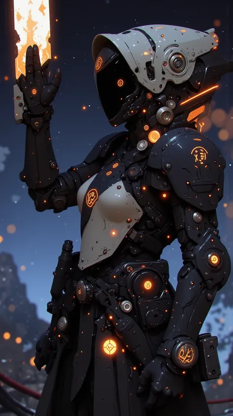 The samurai raises her cybernetic arm, and glowing plasma conduits flare to life, illuminating her intricate armor. She activates her thruster packs with a flick of her shoulder, sending small jets of flame outward. Holographic interface rings spin around ...