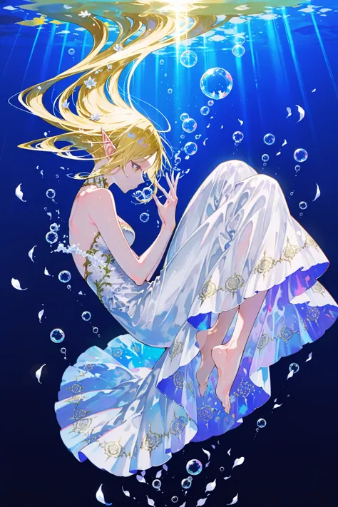 1girl, solo, elf, 748cmstyle, (art nouveau:0.8), fantasy art, surreal, dive into the water, fluttering long blonde hair, beautiful fluffy long dress with intricate and detailed embroidery, barefoot, bend body and legs up, BREAK, bubbles splash, large amoun...