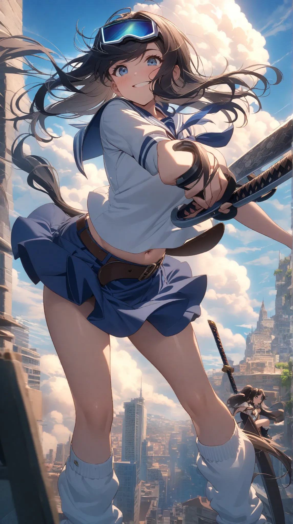 high resolution, photograph,girl in sailor uniform,pony tale hair,black hair,cyber goggle on head,Laugh,sidelock asymmetry bangs,globes,belt,loose socks,lowleg micro skirt,navel,her holding beam katana,Weapons,
She stands with spread legs apart,She looks a...